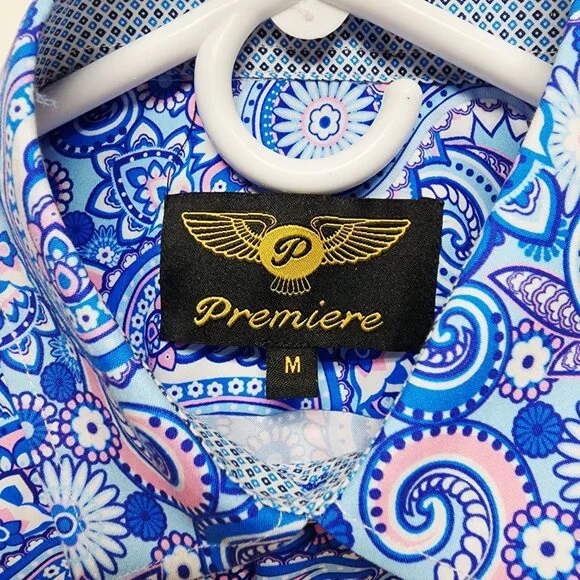 Mens Blue Paisley Short-Sleeve Button-Up Dress Shirt By Premiere Size M - Picture 4 of 8